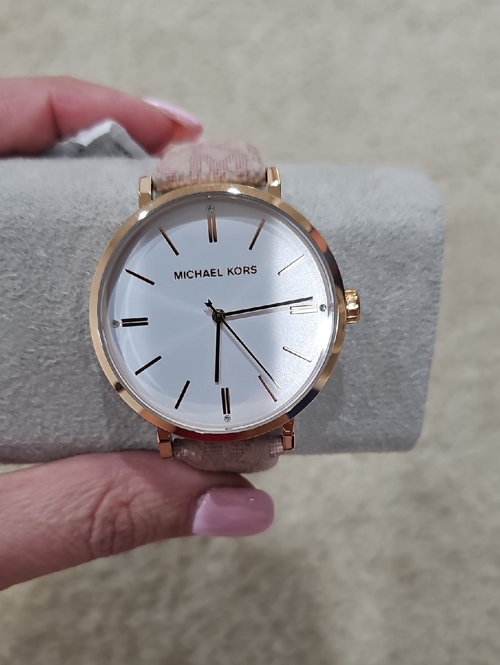 New With Tag! Michael Kors Gold-Tone Case with Light Pink Fabric Strap Watch.